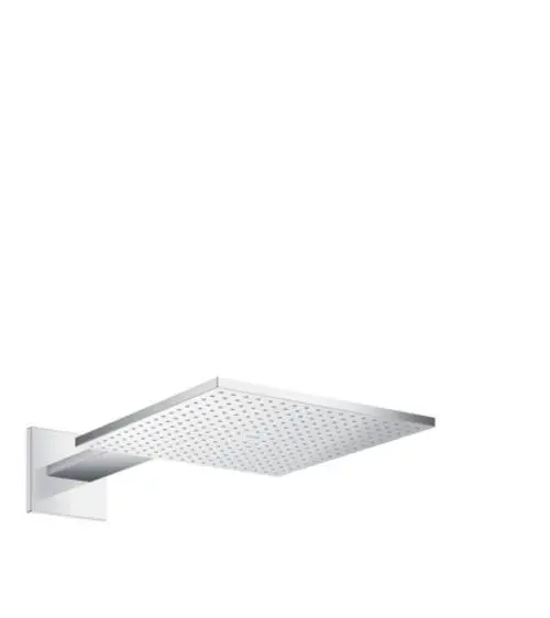 Kopfbrause in quadratischer Form mit Deckenauslauf, montiert an einem Brausearm. Ausführung in glänzendem Chrom. Hersteller ist AXOR.